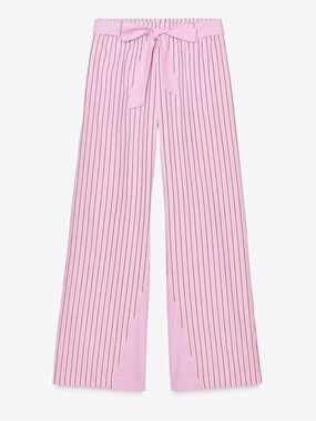 ZARA Belted Striped Poplin Pants Pink pants wide leg size M barbiecore resort